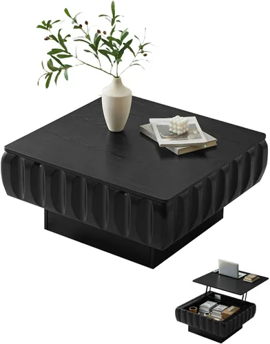 Vista 10 de Mesa de centro de tambor de 31.5 pulgadas, moderna mesa de té acanalada única, mesa de centro redonda de madera contemporánea con mesa central Negro