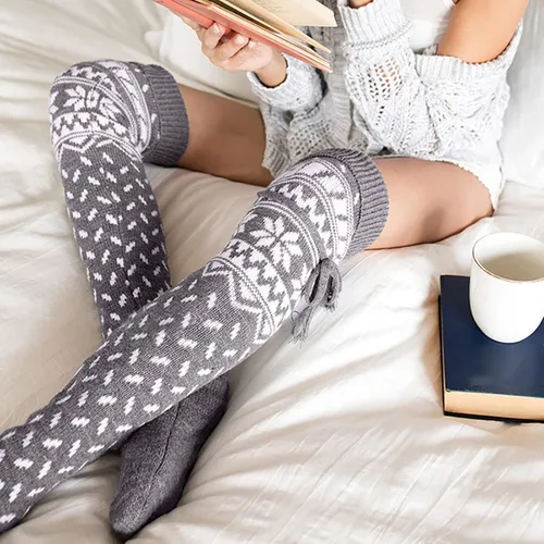 Vista 7 de Calcetines largos de punto para mujer, de Navidad, cálidos, hasta el muslo, para botas sobre la rodilla
