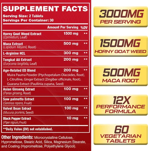 Vista 2 de Hornygoatweed para hombres, hierba de cabra cachonda 12 en 1, suplemento de mejora masculina de máxima fuerza con raíz de maca, Tongkat Ali, Panax