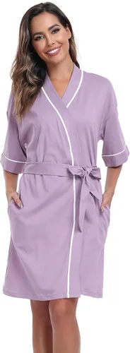 Vista 90 de COLORFULLEAF Bata de baño de manga corta para mujer, 100% algodón, longitud hasta la rodilla, con bolsillos