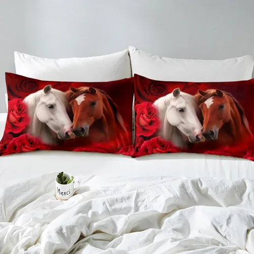 Vista 4 de Funda de edredón de caballo blanco y marrón, juego de ropa de cama 3D de animales de granja occidental para niñas y niños, funda de edredón
