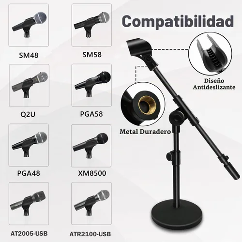 Vista 3 de Soporte de micrófono de escritorio ajustable, soporte de escritorio con clip de micrófono para micrófono de mano, brazo de brazo, adaptador