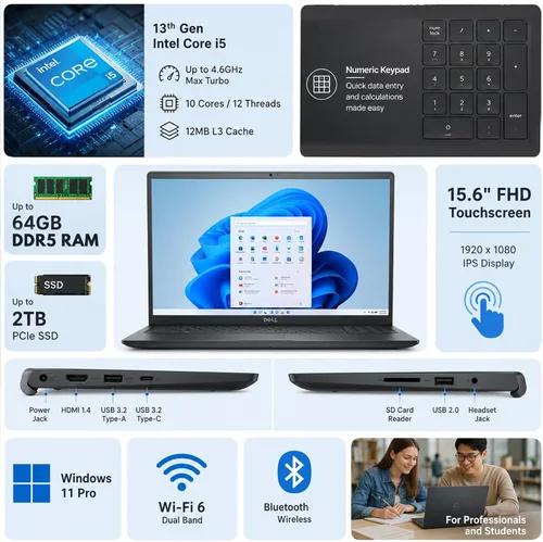 Vista 2 de Dell Portátil con pantalla táctil 15, Intel i5-1334U, 16GB DDR5 RAM, SSD