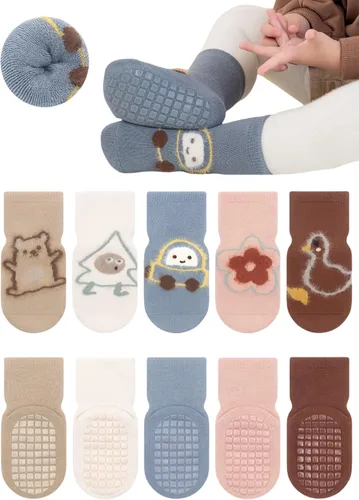 Vista 9 de Calcetines antideslizantes para bebés y niños pequeños, cálidos, gruesos, antideslizantes, calcetines para niñas y niños, recién nacidos, 5 pares