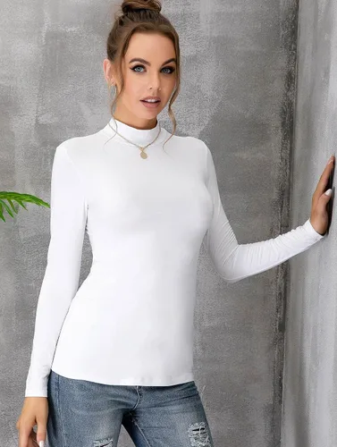 Vista 2 de MANGDIUP Camiseta básica de manga larga con cuello alto falso para mujer, sin mangas, ajustada