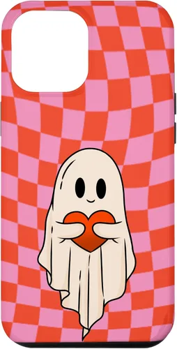 Vista 26 de Funda para iPhone 17 de San Valentín Retro Ghost Hugging Heart Checkerboard Rosa Rojo