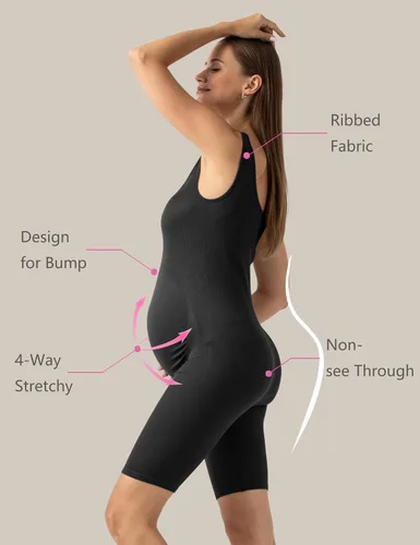 Vista 4 de SUNNYBUY Body de maternidad para mujer, sin costuras, para embarazo, acanalado, bodycon, pijama, camiseta sin mangas, pantalones cortos