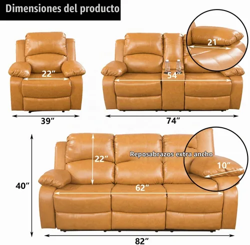 Vista 2 de Juego de sofá reclinable manual de cuero para sala de estar, juego de sofá reclinable, juego de sofá de cuero para sala de estar, salón, club