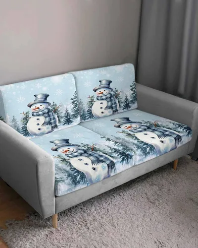Vista 3 de Fundas de cojín para sofá de Navidad con diseño de muñeco de nieve azul, funda elástica para sofá con parte inferior elástica, fundas de sofá