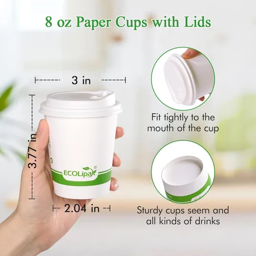Vista 3 de ECOLipak 200 tazas de café de papel compostables de 8 onzas, tazas de café desechables biodegradables con tapa CPLA, tazas de bebida caliente 8 oz