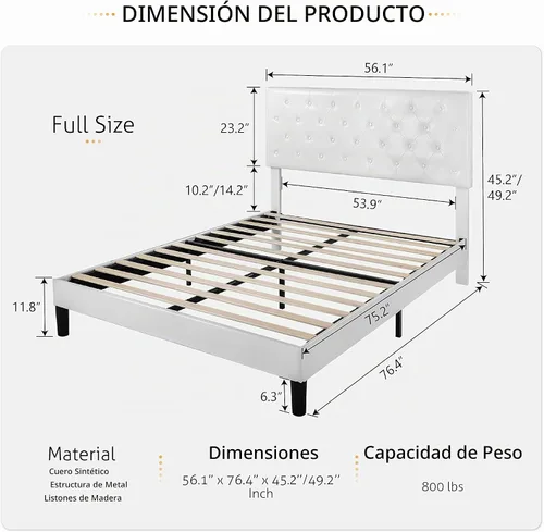 Vista 2 de SHA CERLIN Base de cama tamaño completo con cabecera capitoné con botones, base de colchón tapizada en cuero sintético, base de cama de plataforma