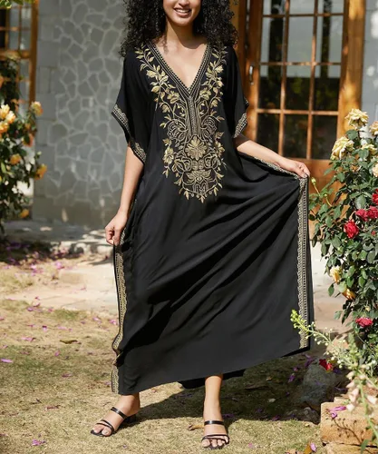 Vista 3 de Vestido de caftán turco bordado para mujer, largo caftán, ropa de descanso, camisón para traje de baño, ropa de playa