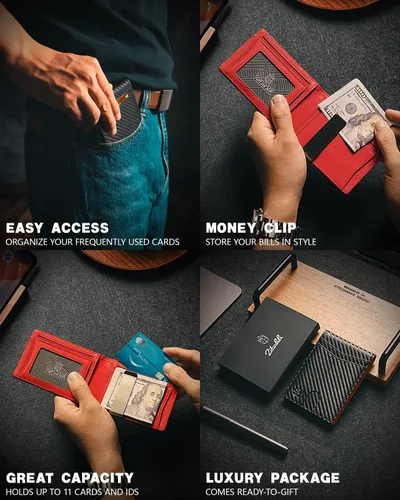 Vista 2 de Zitahli - Carteras delgadas con clip para dinero para hombre, tarjetero minimalista, de cuero, plegable, con bloqueo RFID, cartera de bolsillo