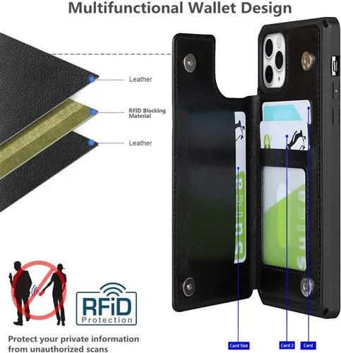 Vista 3 de iCoverCase Funda compatible con iPhone 11 con tarjetero para mujer, bloqueo RFID en relieve, piel sintética con correa de muñeca de 6.1 pulgadas