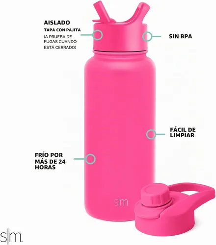 Vista 2 de Simple Modern Botella de agua con pajita y tapa de sorbo, termo de metal de acero inoxidable con aislamiento al vacío Cantimplora reutilizable a