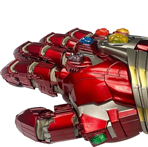 Vista 3 de Guante de fantasía rojo con luz LED Infinity Stones Puño articulado hecho de metal, pesado. Diseñado para cosplay, disfraces y exhibiciones