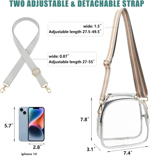 Vista 3 de Bolso cruzado transparente para mujer, bolso transparente aprobado para estadios con correa ajustable