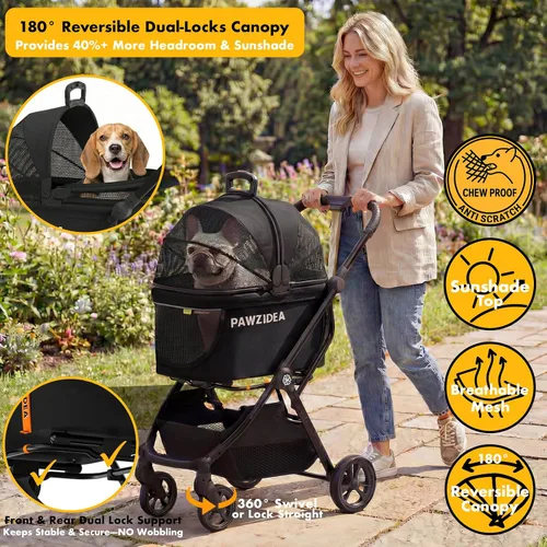 Vista 2 de PAWZIDEA Carriola de mascotas 4 en 1, Carriola de gatos con portaequipaje desmontable y dosel sin cremallera, jaula portátil para perros