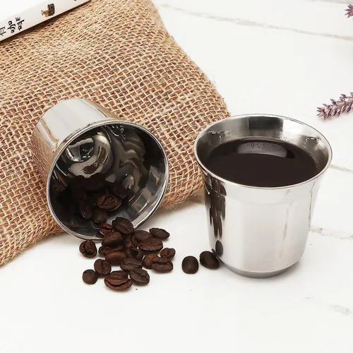 Vista 5 de Easyworkz Juego de 2 tazas de café expreso de acero inoxidable con aislamiento de doble pared de metal Demitasse Cups 2.5 oz