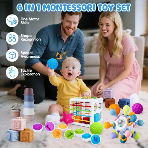 Vista 7 de Juguetes 6 en 1 para bebés de 6 a 12 meses, juguete Montessori para niños de 1 año, juguete de dentición para bebés, apilar tazas, cubo sensorial