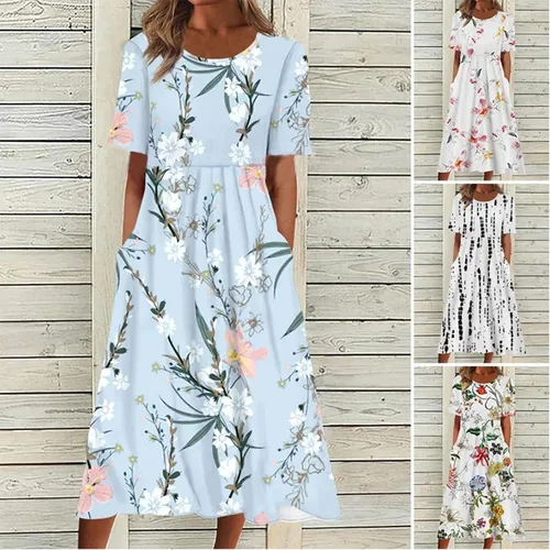 Vista 2 de Deuyo - Vestidos para mujeres maduras, vestidos para mujeres 2023, vestido plisado por debajo de la rodilla con cuello redondo (M, G)