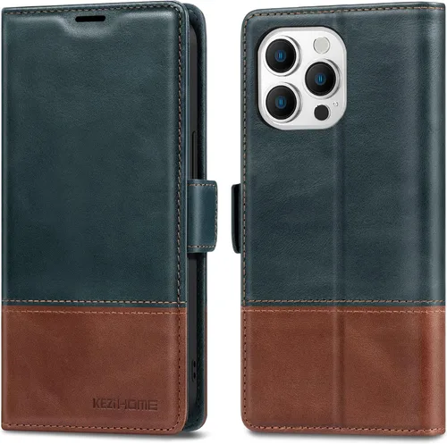 Vista 23 de KEZiHOME Funda para iPhone 15, de piel auténtica, bloqueo RFID, carcasa interior de TPU, cierre magnético, ranura para tarjetas, a prueba de golpes