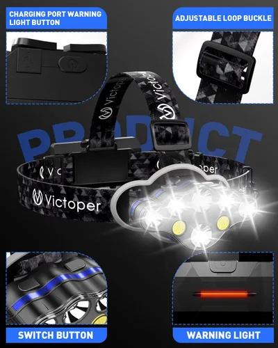 Vista 4 de Victoper - Linterna frontal recargable, 8 LED de 18000 lúmenes con luz roja, linterna frontal USB ligera, impermeable, de 8 modos, equipo para Negro