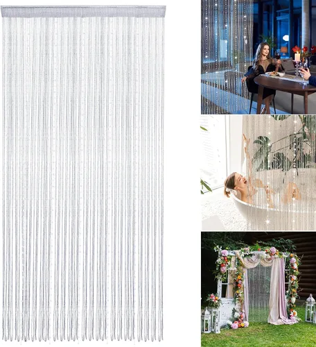 Vista 2 de Cortinas de cadena con cuentas plateadas para puertas de 36 x 77 pulgadas, cortina de cuentas con borlas de cristal para colgar en la puerta