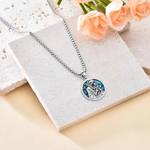 Vista 3 de Shusukue Collar con colgante de plata de ley 925 con concha de abulón medalla redonda de San Miguel Jude Antonio Pedro para hombres mujeres niños