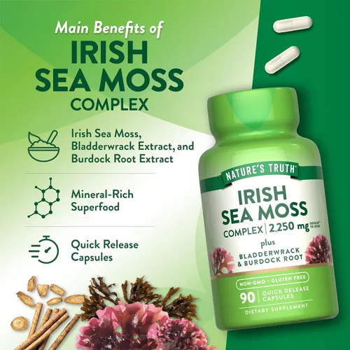 Vista 5 de Nature's Truth Cápsulas de musgo marino irlandés 90 unidades Fórmula compleja con vejiga y raíz de bardana Suplemento sin OMG y sin gluten