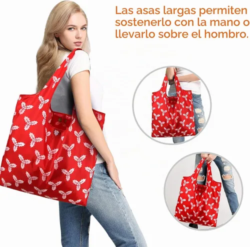 Vista 8 de BeeGreen Bolsas de comestibles reutilizables de Navidad con bolsa de almacenamiento con cremallera, paquete de 10 bolsas de compras reutilizables a