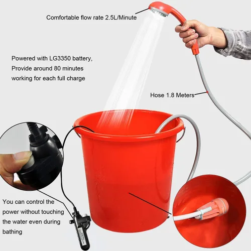 Vista 5 de 2019 Ducha portátil para campamento, bomba de ducha compacta con batería recargable USB desmontable, cabezal de ducha de mano al aire libre