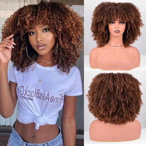 Vista 38 de Vitorish Peluca corta afro rizada con flequillo para mujeres negras, peluca sintética resistente al calor, color negro natural, para uso diario