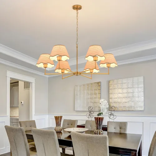 Vista 2 de Candelabro de ratán bohemio de 6 luces de 39 pulgadas, lámpara colgante de ratán con pantalla tejida a mano, altura ajustable, lámpara de comedor