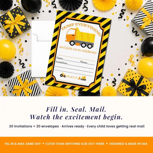 Vista 3 de AmandaCreation - Invitaciones para fiestas de cumpleaños de construcción de camiones volquete de Dump Everything, 20 tarjetas de relleno de 5 x 7