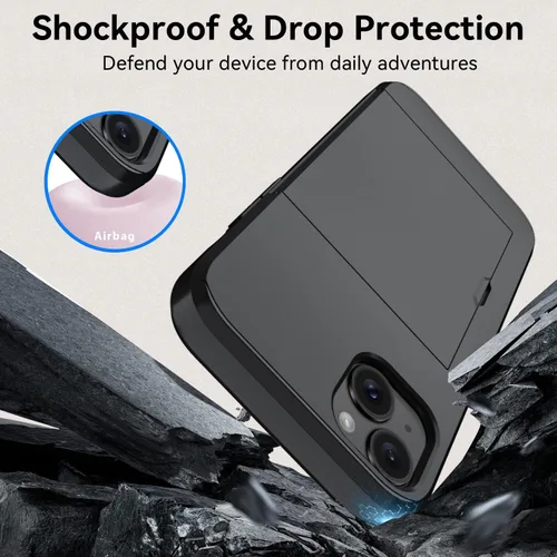 Vista 4 de Qinmay Funda compatible con iPhone 13 con tarjetero, doble capa a prueba de golpes, funda protectora resistente con ranura oculta delgada