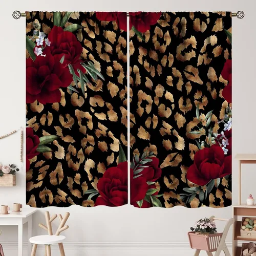 Vista 10 de Cortinas de leopardo con estampado de flores de guepardo y rosas de África, con bolsillo para cortinero, para dormitorio, sala de estar, decoración