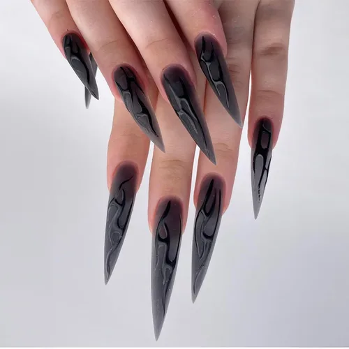 Vista 16 de RIICFDD - Uñas largas a presión con forma de almendra, punta de uñas con lazo grande, color rosa nude, con dijes de lazo negro, uñas postizas