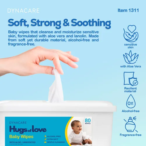 Vista 2 de Dynarex DynaCare Hugs of Love - Toallitas para bebé, sin perfume, grandes, sin alcohol, con aloe y lanolina, seguras para pieles sensibles, 80
