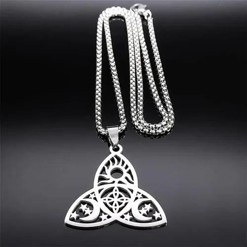 Vista 3 de Witch Triple Moon Goddess Pentagram Celtic Knot Necklace Stainless Steel Pagan Mysterious Jewelry Collar De Acero Inoxidable