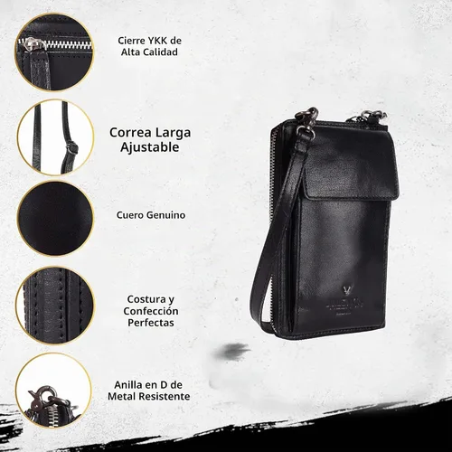 Vista 2 de Bolsos cruzados de cuero genuino pequeños para mujer monedero del teléfono celular, moda casual con correa ajustable Negro