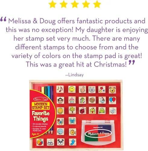 Vista 6 de Juego de sellos de madera Melissa & Doug Favorite Things, 26 sellos de madera con tintas de 4