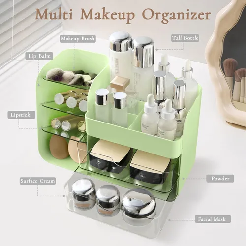 Vista 2 de 2026 Organizador de maquillaje de encimera con cajones, organizador de cosméticos con soporte de brochas de viaje, organizador de cuidado de la piel