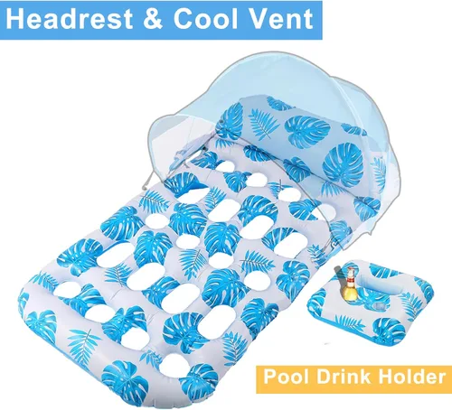 Vista 3 de COOLCOOLDEE Flotador inflable para piscina con toldo de sombrilla UPF 50+, flotador extra grande para adultos con reposacabezas, portavasos