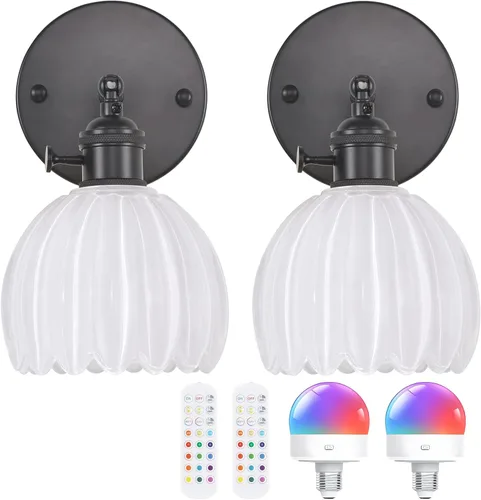 Vista 32 de Shenmoyl Aplique de pared vintage a pilas con bonita pantalla de vidrio de tulipán blanco, inalámbrico, recargable, luz de pared funciona