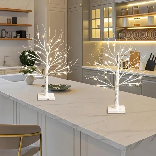 Vista 4 de Árbol de abedul blanco con luces LED, árbol de abedul iluminado para mesa, funciona con 24 luces LED USB o pilas, árbol blanco cálido, mini