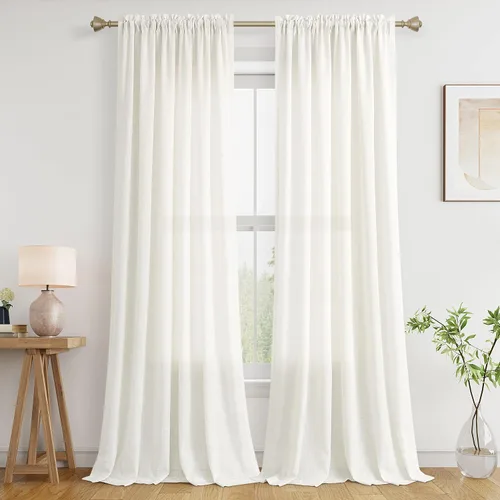 Vista 58 de Cortinas de lino verde aguamarina de 84 pulgadas de largo, juego de 2 paneles semitransparentes con bolsillo para barra para comedor, decoración