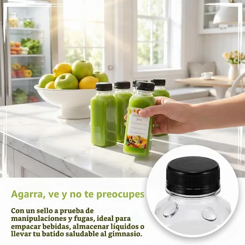 Vista 4 de Cedilis Paquete de 25 botellas de plástico de 8 onzas con tapa negra, recipientes desechables y reutilizables para hacer jugo, leche, aderezo