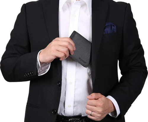 Vista 9 de NUMBER.WU 2 ID ventana carteras para hombres bloqueo RFID hombres de fibra de carbono doble cuero genuino trifold cartera para hombre, Negro, M