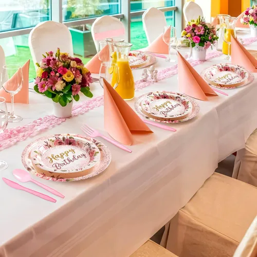 Vista 7 de Roshtia 175 piezas de suministros florales para fiesta, sirven a 25 invitados, juegos de vajilla de rosa de feliz cumpleaños para adultos y mujeres